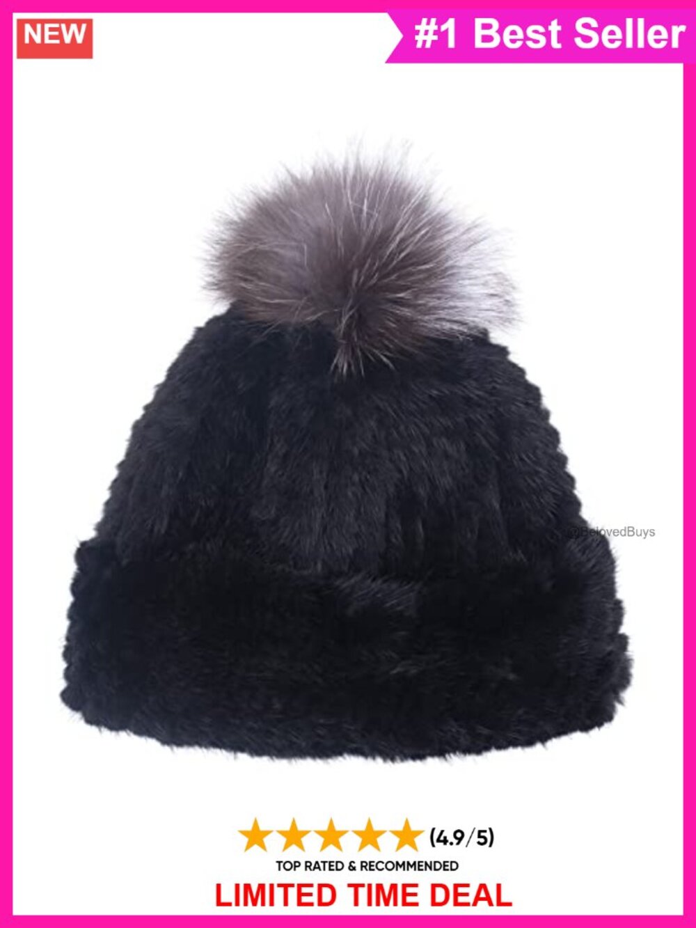 Genuine Mink Fur Knit Cuff Beanie with Fox Fur Pom Winter Hat